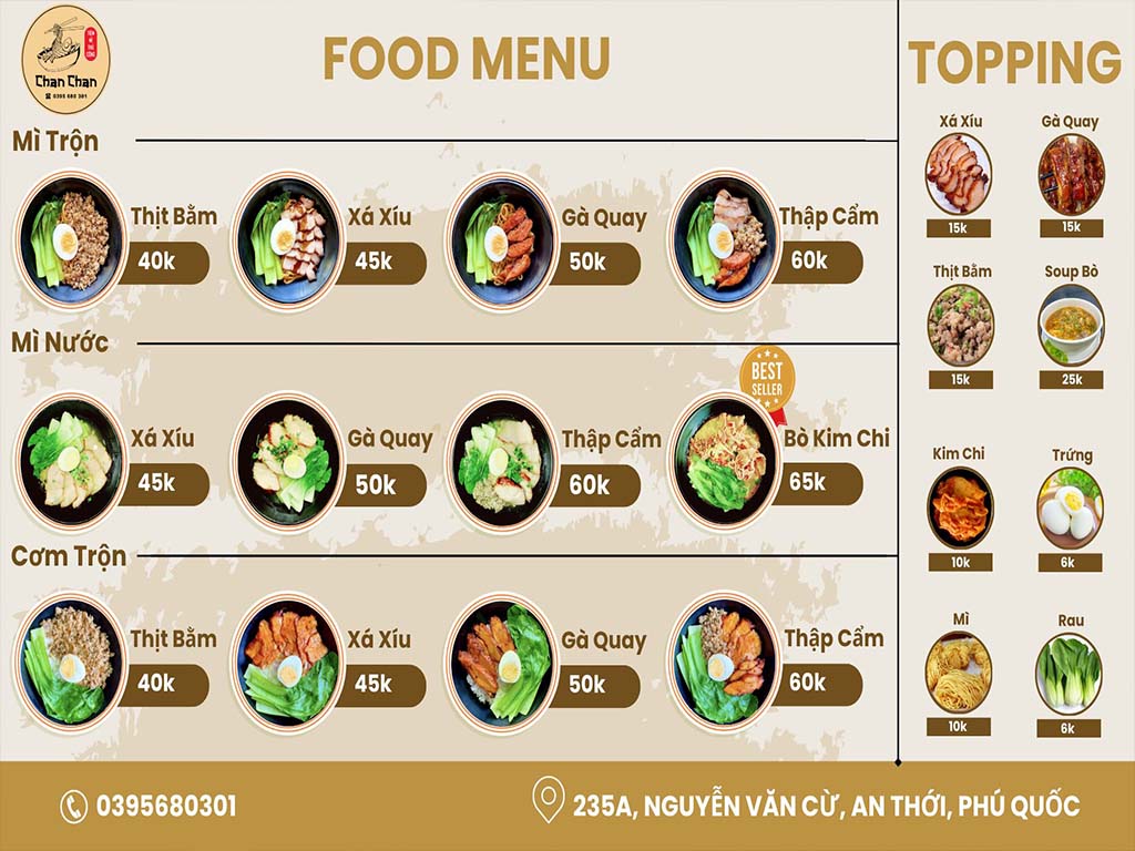 menu Quán Tiệm Mì Chan Chan Phú Quốc 